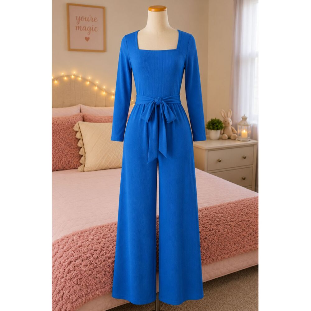 LOOP BOHO Women's Wide Leg Jumpsuit Blue Long Sleeve Belted Romper With Pockets